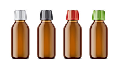 Blank bottles mockups for syrup or other pharmaceutical liquids. Light brown bottles
