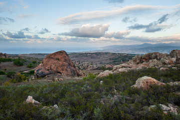 Stone valley, evening landscape with rocks