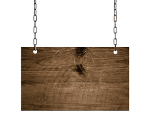 
altes braunes Holzschild hängt an einer Metall Kette Holzbrett 