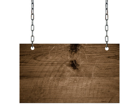 
altes braunes Holzschild hängt an einer Metall Kette Holzbrett 