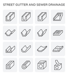 Street gutter, drainage system icon consist of grate cover, precast concrete i.e. sewer pipe, trench, ditch, channel, manhole for cleaning, drain rainwater, stormwater from road. Editable stroke.