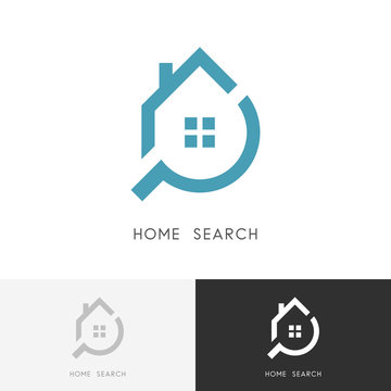 Home search logo - house with window and chimney and loupe or magnifier symbol. Estate agency, realty and real property vector icon.