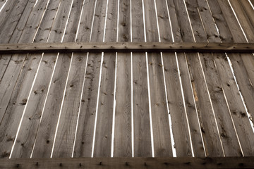 Wooden retro background of old vertical boards with two horizontal boards. Perspective view.