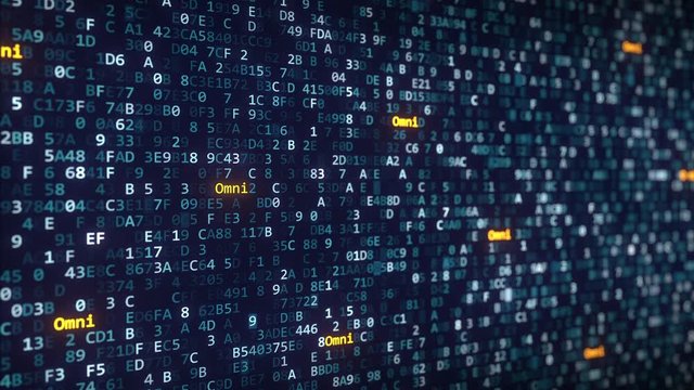 Omni captions appearing among changing hexadecimal symbols on a computer screen