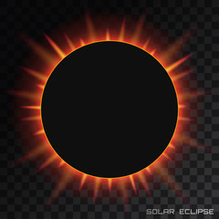 Vector total solar eclipse with corona on transparent background.