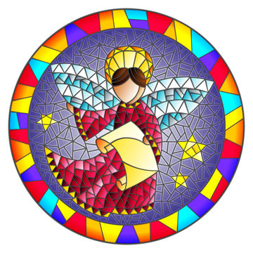 Illustration in stained glass style with an abstract angel in pink robe  , round picture frame in bright