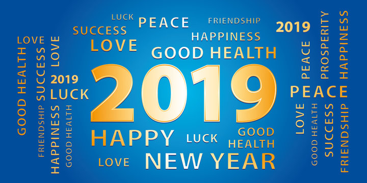 2019 Happy New Year greetings vector banner. Blue and gold.
