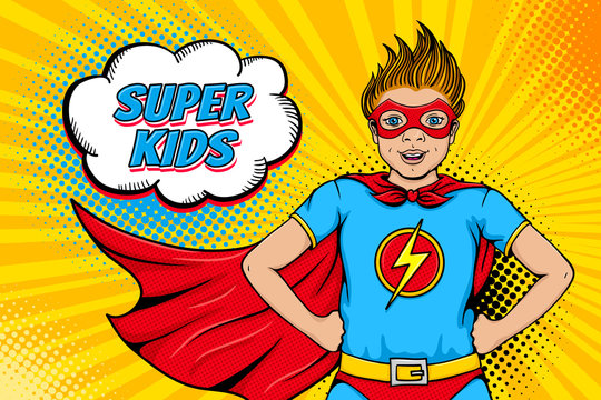 Wow face. Cute surprised little boy dressed like superhero with open mouth shows his power and Super Kids speech bubble. Vector illustration in retro pop art comic style. Party invitation poster.