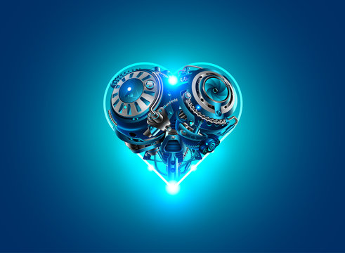 Background card Valentine's day in style, technology, robots, industry, cybernetics and science. Mechanical heart, metal mechanism in the form of heart on a blue background lights up.