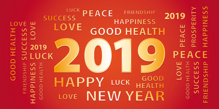 2019 Happy New Year greetings vector banner. Red and gold.
