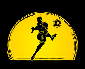 Soccer player shooting a ball action designed on sunset background graphic vector