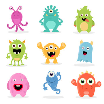 Cute Cartoon Monsters illustration. Flat vector collection.