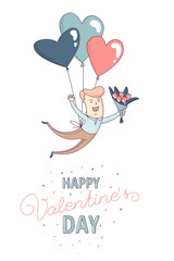 Happy Valentine's Day greeting card Cute funny boy, man boyfriend, male character flying heart shape balloon with flowers. Flat line design. Vector illustration.