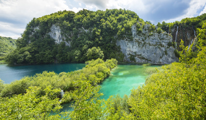 Fototapeta na wymiar Aerial panoramic view on Plitvice lakes and waterfalls, Croatia