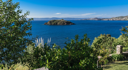Fototapeta na wymiar A nice view over the blue Aegean Sea from the island of Lesvos to Molivos to the coast of Turkey.