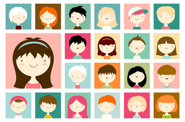 Collection of boys and girls faces avatars
