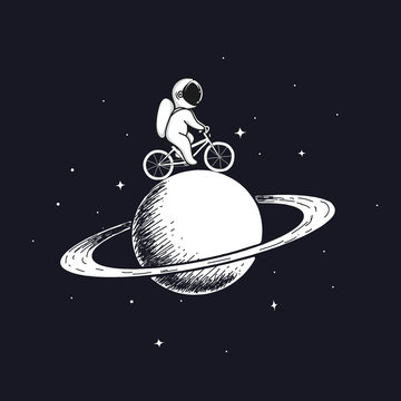 Cute astronaut rides on bicycle at the Saturn.Prints design.Childish vector illustration