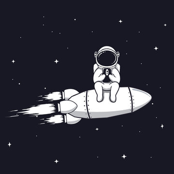 Funny astronaut sits on rocket and play with mobile phone,smartphone.Prints vector design.