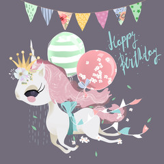 Naklejka premium Cute dreaming flying baby unicorn girl with ballons, flowers and tied bow. Festive hanging flags and Happy Birthday lettering