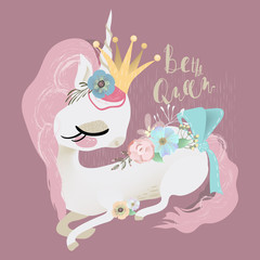 Obraz na płótnie Canvas Cute dreaming baby unicorn girl princess in crown with flowers and tied bow. Be the Queen lettering