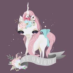 Cute baby unicorn girl princess with flowers, tied bow and ribbon