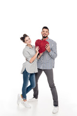 couple holding heart of threads on white, valentines day concept