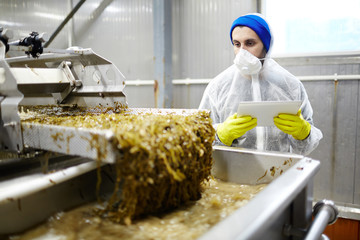 Young worker of seafood processing plant controling process of seaweed salad preparation © pressmaster