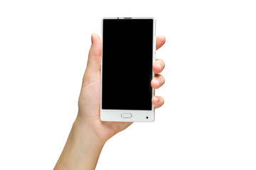 Mockup of female hand holding white frameless cell phone with black screen isolated at white...