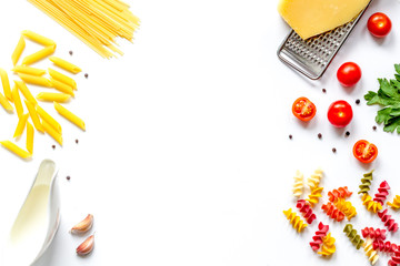 ingredients for cooking paste white background top view mock up