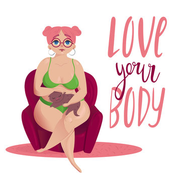 Happy plus size girl sitting with cat in chair. Happy positive concept. Love your body. Attractive overweight woman. For Fat acceptance movement, no fatphobia. Vector illustration on white background