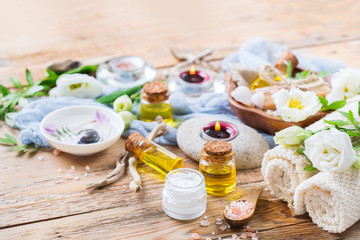 Fototapeta na wymiar Spring spa wellness setting concept, background with essential oil soap cream