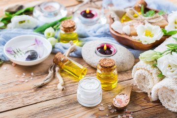 Obraz na płótnie Canvas Spring spa wellness setting concept, background with essential oil soap cream