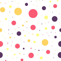 Colorful polka dots seamless pattern on white 25 background. Charming classic colorful polka dots textile pattern. Seamless scattered confetti fall chaotic decor. Abstract vector illustration.