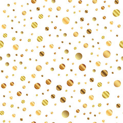 Golden dots seamless pattern on white background. Incredible gradient golden dots endless random scattered confetti on white background. Confetti fall chaotic decor. Modern creative pattern.