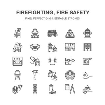Firefighting, fire safety equipment flat line icons. Firefighter car, extinguisher, smoke detector, house, danger signs, firehose. Flame protection thin linear pictogram. Pixel perfect 64x64.