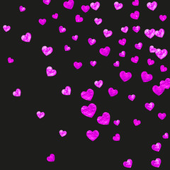 Fototapeta na wymiar Grunge heart background for Valentines day with pink glitter. February 14th day. Vector confetti for grunge heart background. Hand drawn texture. Love theme for party invite, retail offer and ad.
