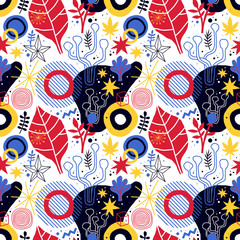 Colorful seamless pattern with geometric and floral elements. Useful for web design, posters, textile and backgrounds.