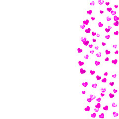 Valentines day card with pink glitter hearts. February 14th. Vector confetti for valentines day card template. Grunge hand drawn texture. Love theme for flyer, special business offer, promo.