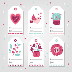 Fototapeta na wymiar Set of Valentine's Day Gift Tags with heart, bird, cactus