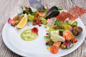 Seafood salad on a white plate