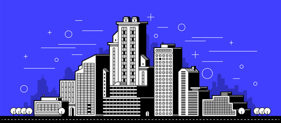 Modern city illustration. Towers and buildings in outline style on deep blue background