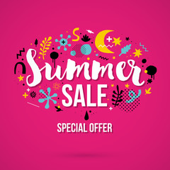 Vector summer sale template with funky hand drawn elements. Useful for party, birthday, invitations and weddings.