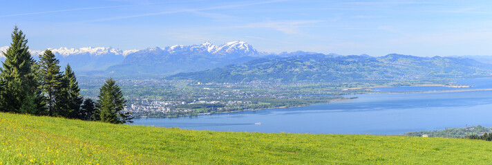 Panorama am östlichen Bodensee mit Rhein-Mündung und Schweizer Ufer