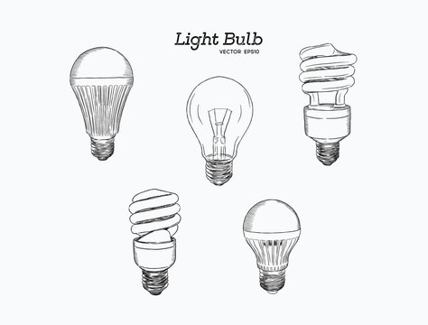 Vector hand drawn illustration of the light bulb evolution set