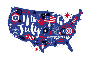 Illustration of USA map with abstract floral and patriotic elements. 4 July Independence Day template. Useful for prints, posters and advertising.