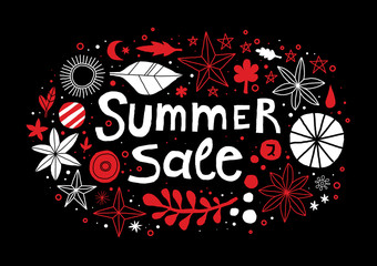 Summer sale template with flowers and abstract hand drawn elements. Useful for advertising, graphic design, invitations, cards and posters.