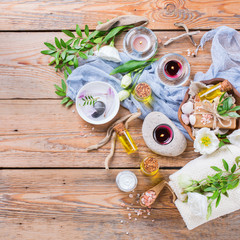 Spring spa wellness setting concept, background with essential oil soap cream
