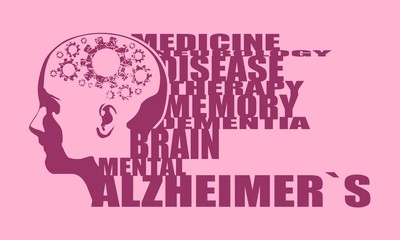 Abstract illustration of a human head . Woman face silhouette. Medical theme creative concept. Alzheimers disease tags cloud. Damaged gears in brain as symbol of mental disease