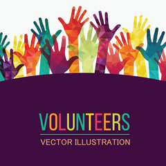 Colorful up hands. Volunteers. Vector illustration, an association, unity, partners, company, friendship, friends party background Vector illustration