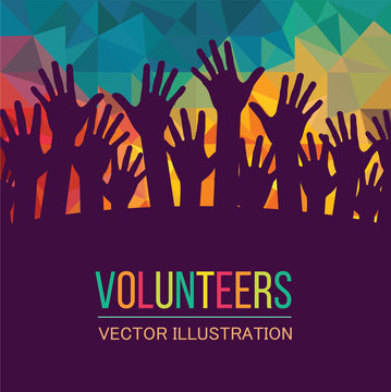 Colorful up hands. Volunteers. Vector illustration, an association, unity, partners, company, friendship, friends party background Vector illustration